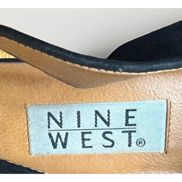 (8)NINE WEST "IDA" Tiny Peep Toe Slingback Black Suede Wedge Heels - Picture 5 of 10